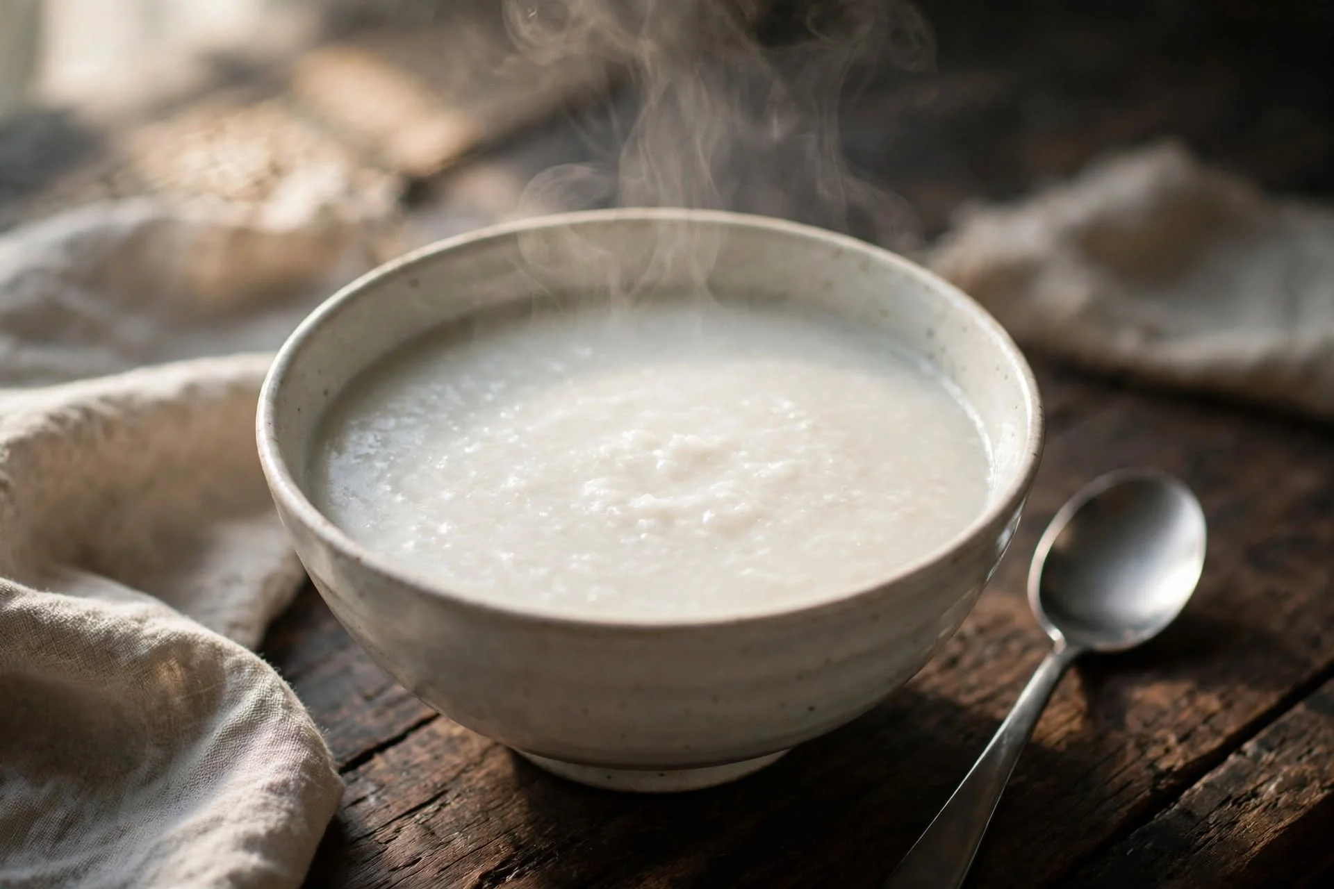 A bowl of plain white congee rice porridge, in warm natural light on a dark wood surface