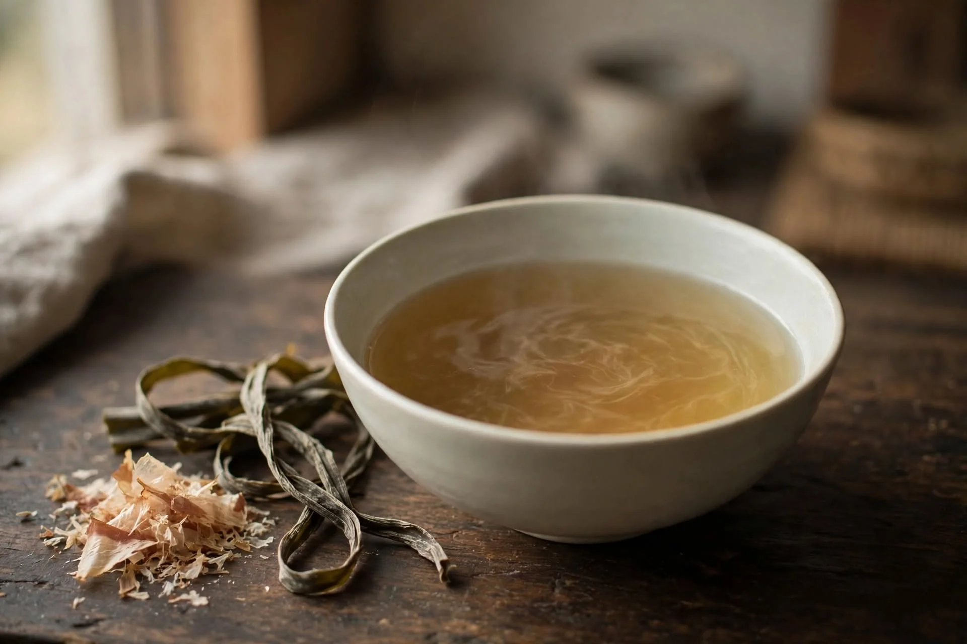 A bowl of clear dashi broth with kombu, in warm natural light on a dark wood surface
