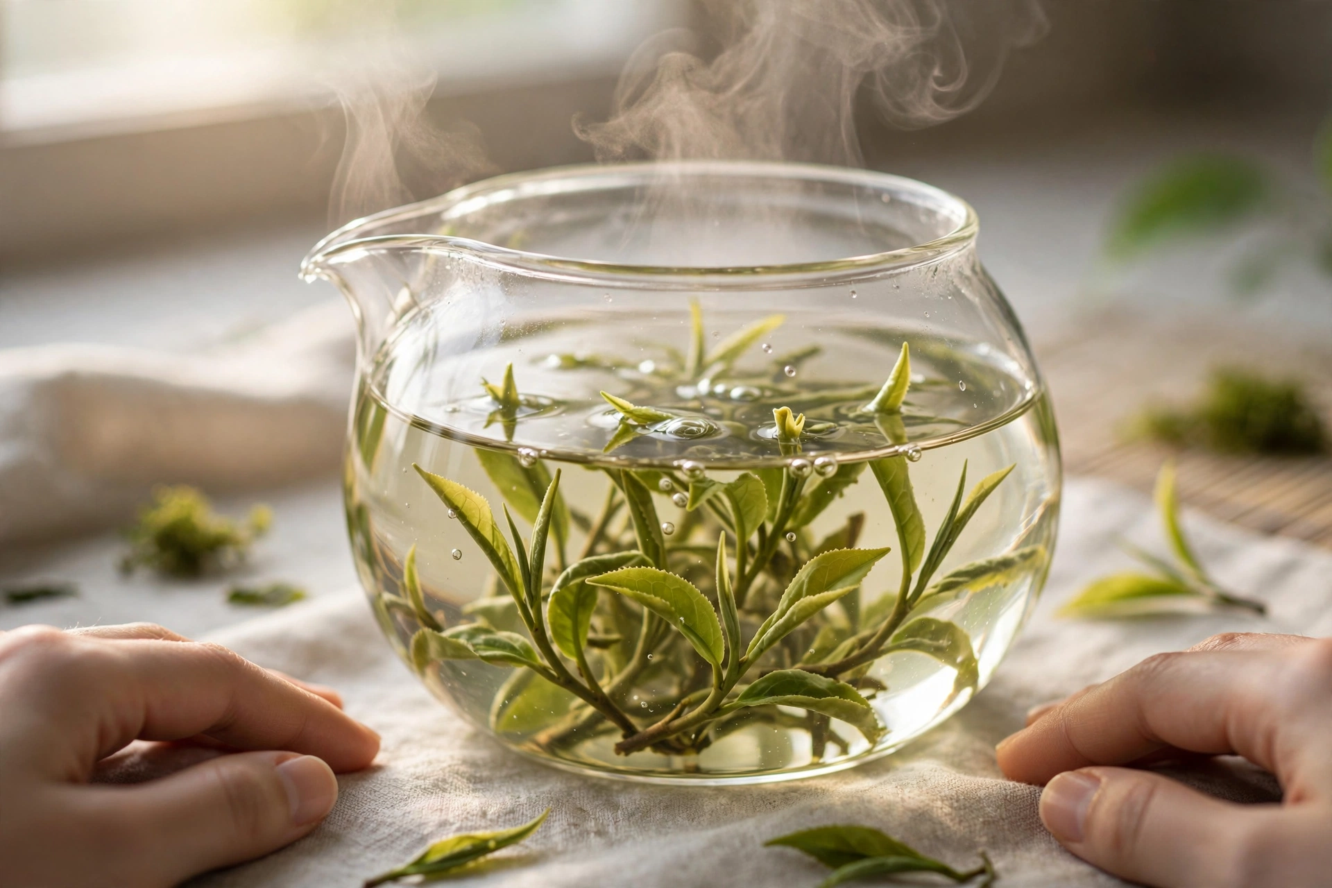 Fresh green tea leaves unfurling in a glass teapot of hot water, steam rising