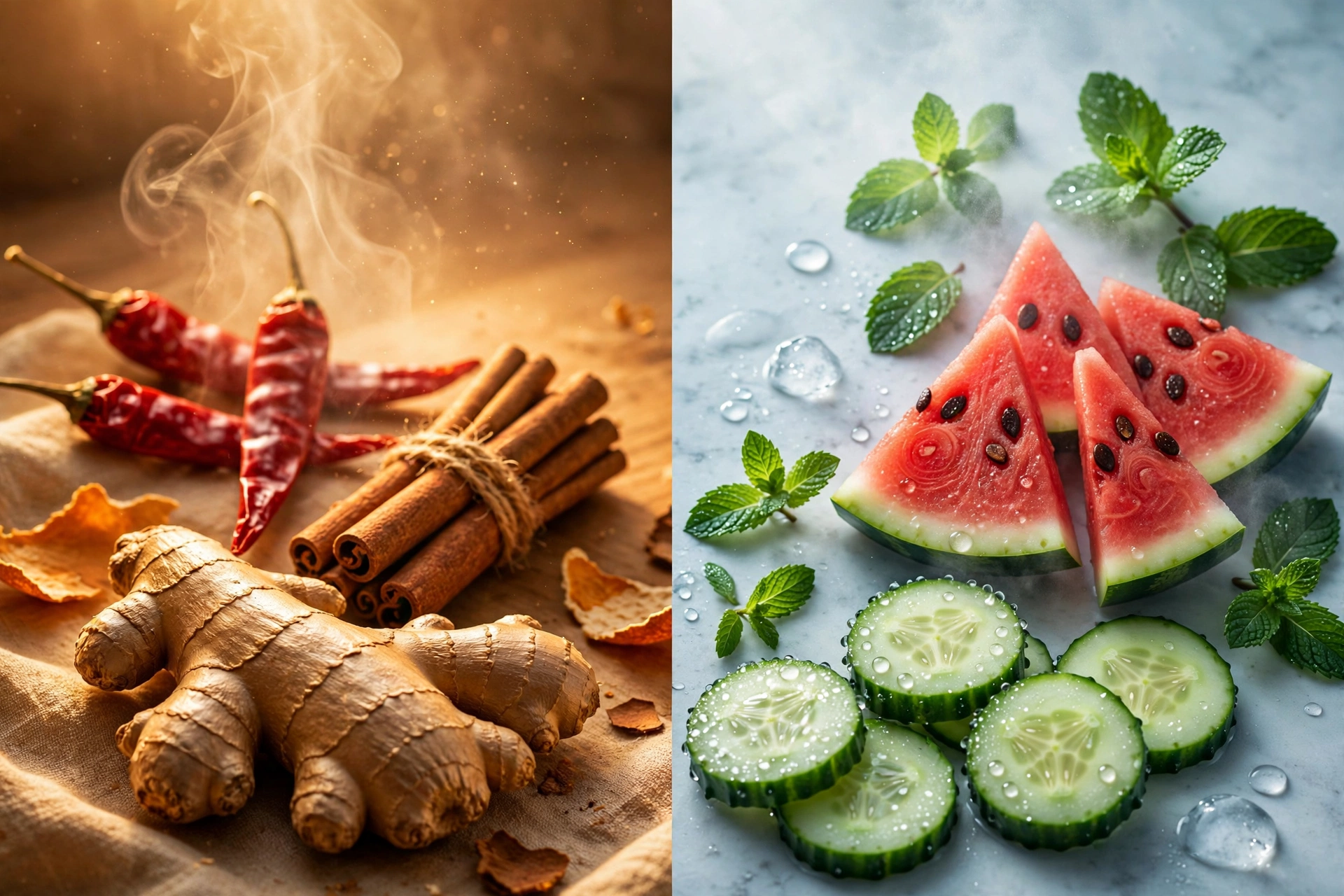Warming foods like chili, cinnamon and ginger beside cooling foods like watermelon, cucumber and mint, the yin-yang framework behind anti-inflammatory food choices
