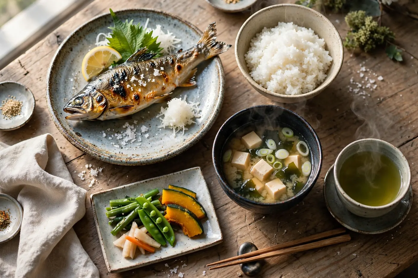 A simple traditional Japanese breakfast spread