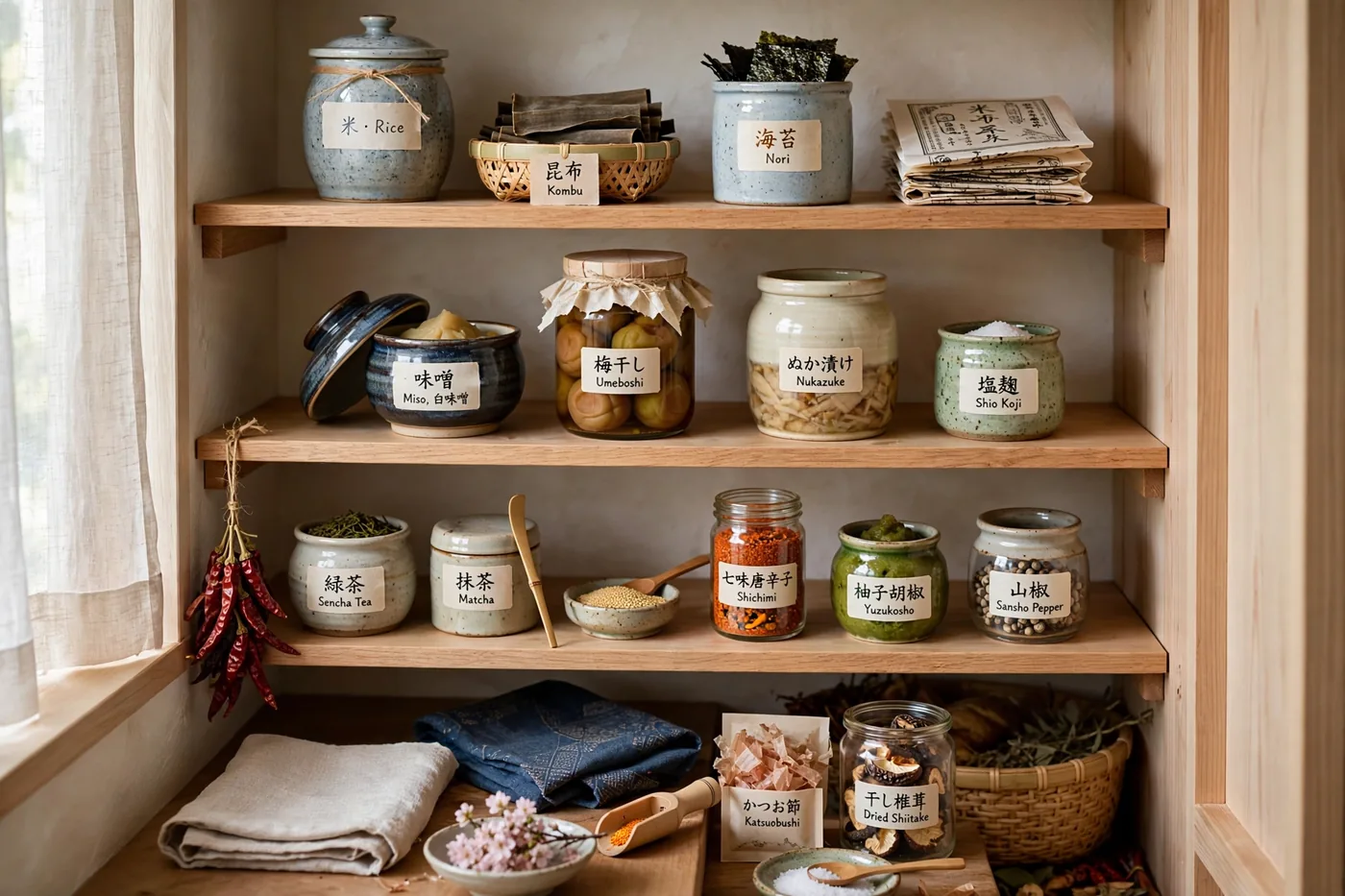 Fermented staples in labelled jars on wooden pantry shelves