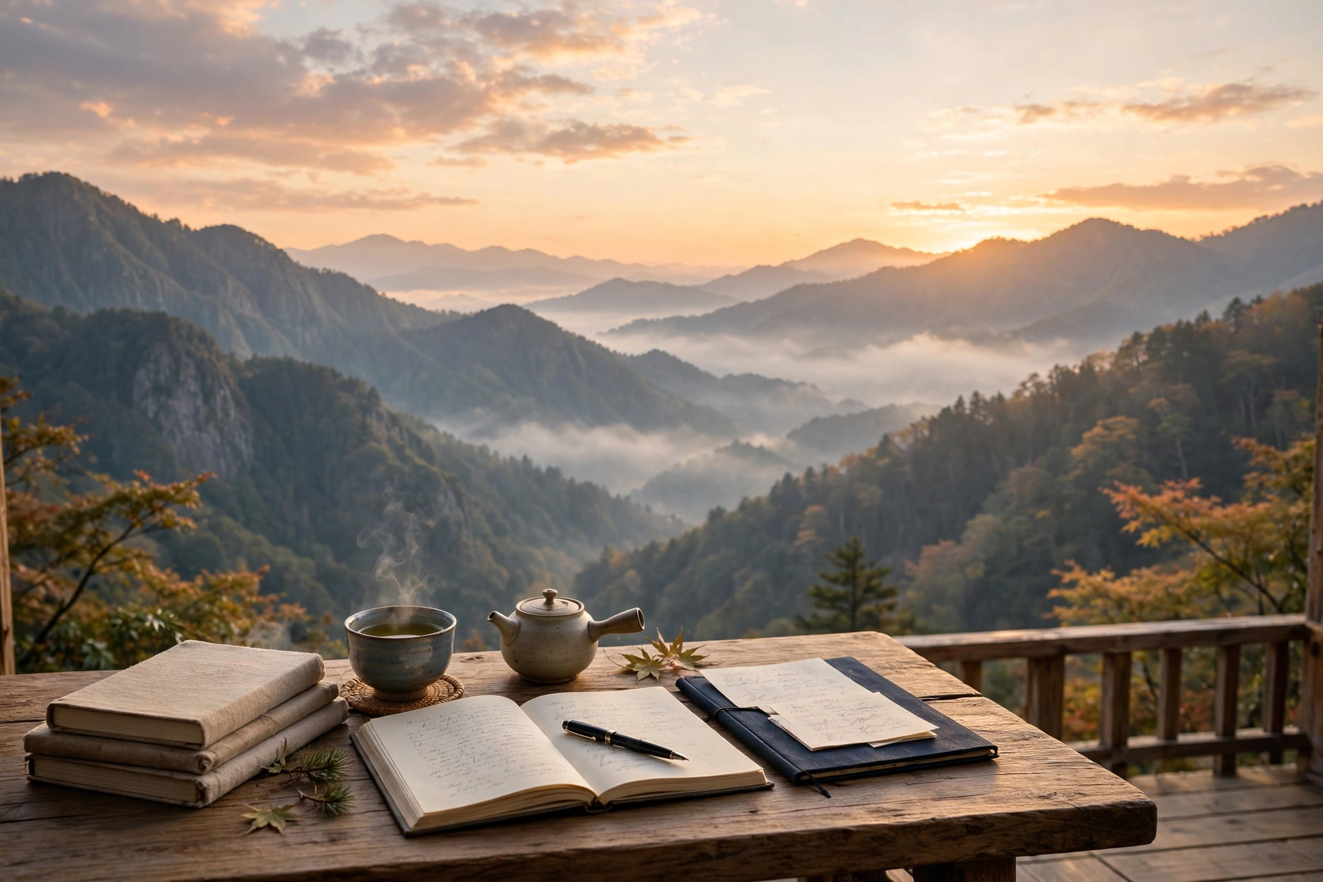 A misted mountain valley at sunrise with autumn foliage, viewed from a wooden terrace