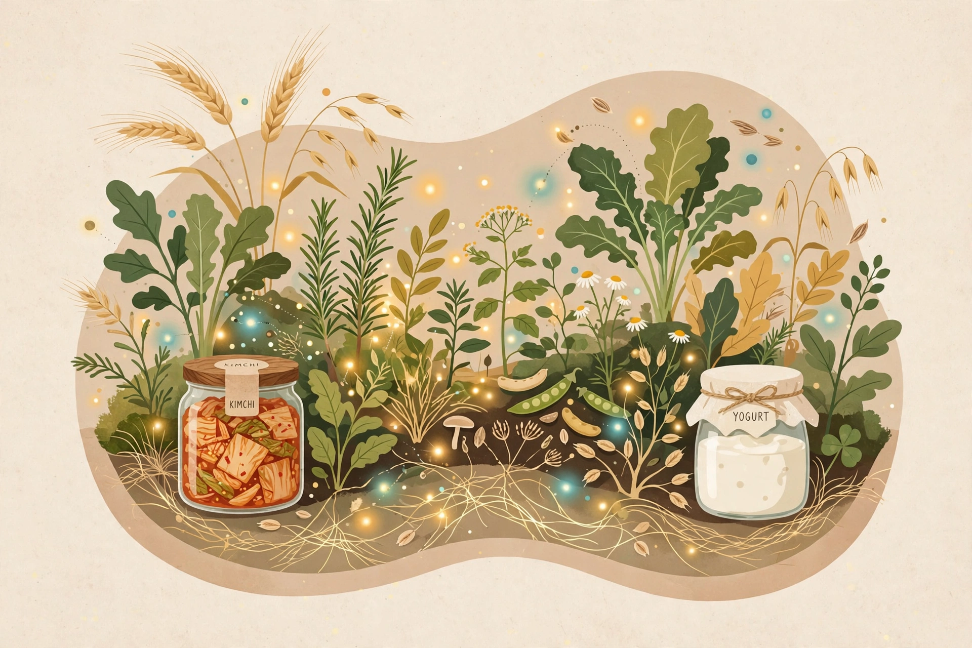 An illustrated garden of herbs and grains with jars of kimchi and yogurt, representing fermented foods that support a diverse gut microbiome