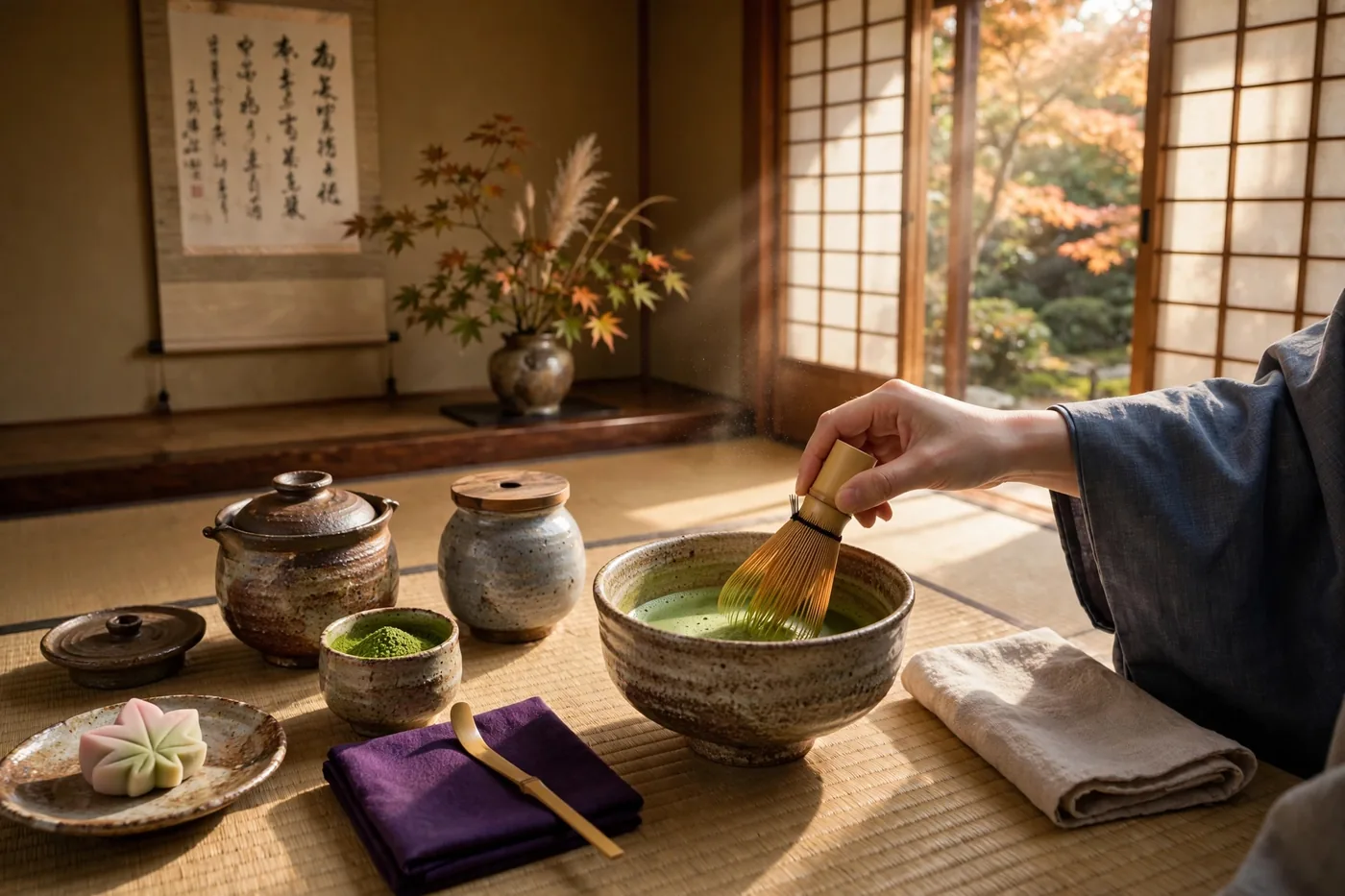 Traditional tea ceremony implements arranged on a wooden tray