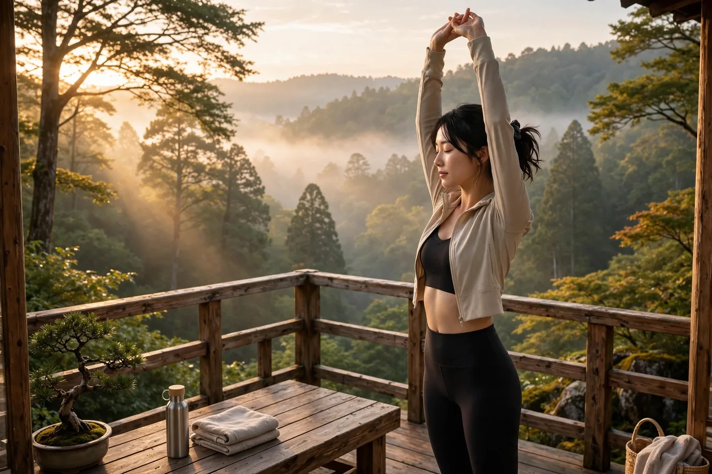 A woman stretching with raised arms on a wooden deck at sunrise, overlooking a misted forest valley
