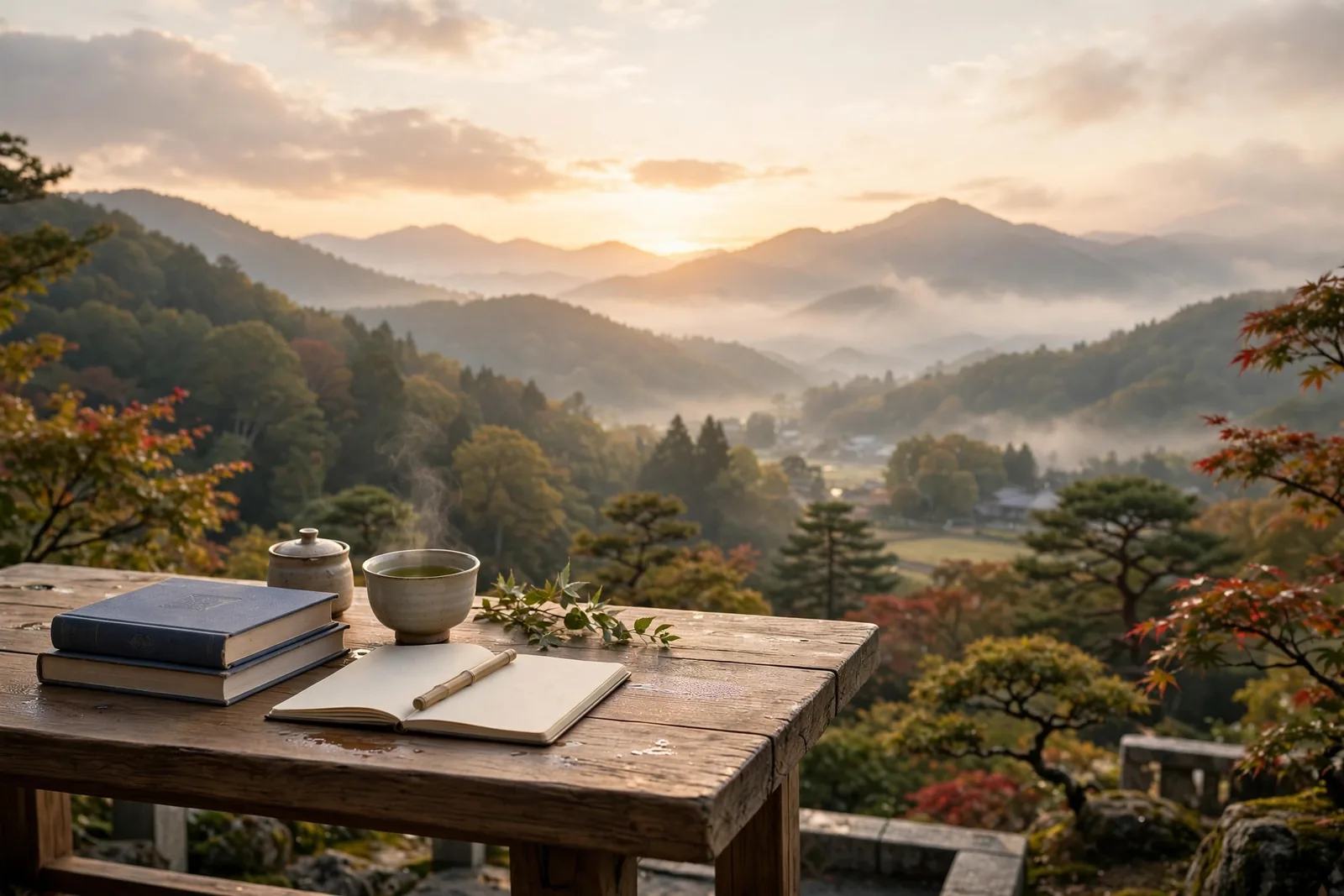 A cup of green tea, an open notebook and two books on a weathered wooden table overlooking misted mountains at sunrise