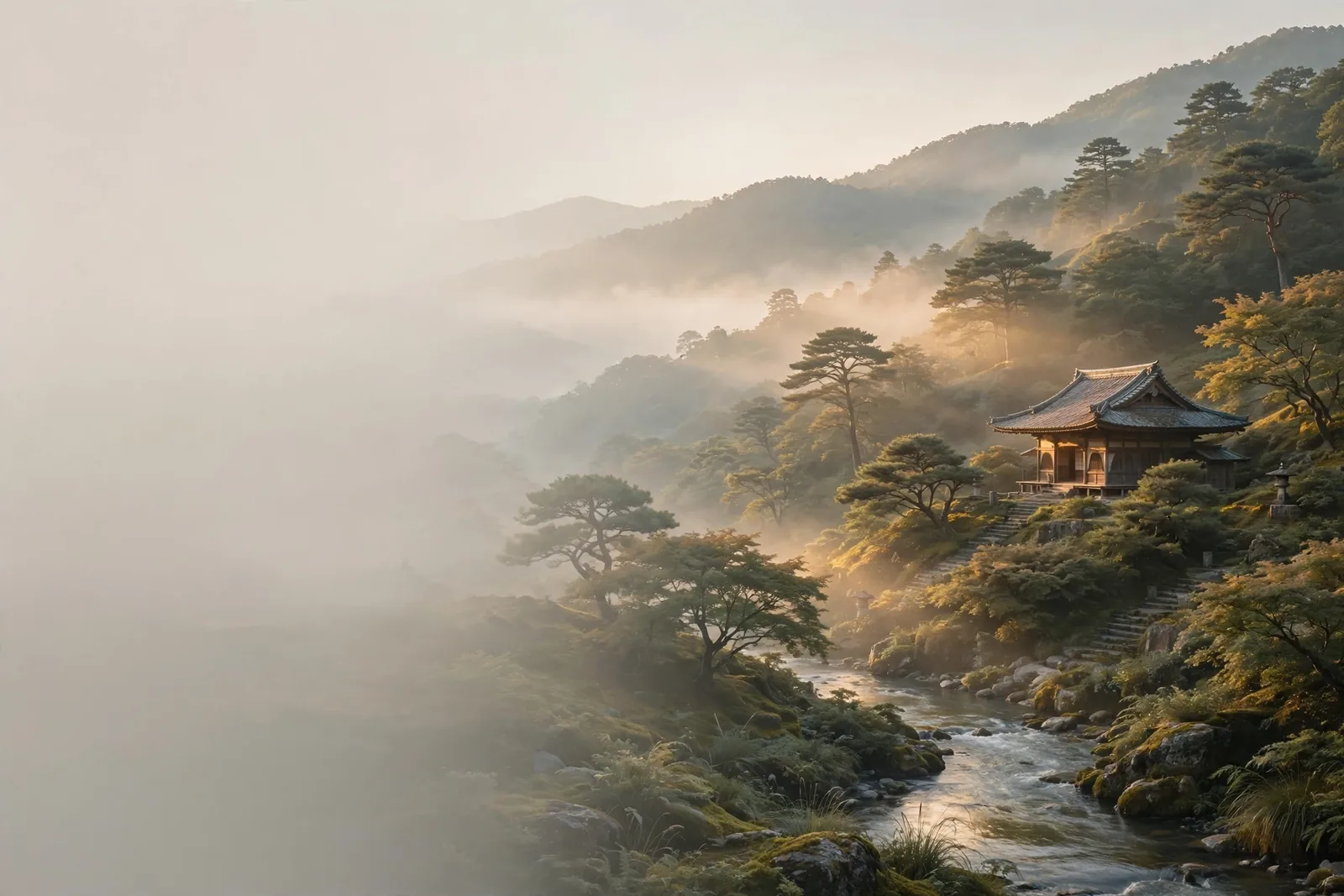 A quiet stone temple path through misted mountains