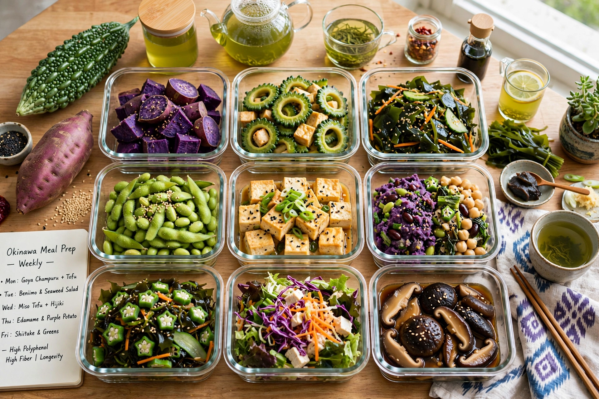 A week of high-polyphenol Okinawan meal-prep containers: purple sweet potato, goya champuru with tofu, seaweed salad, edamame, and shiitake mushrooms