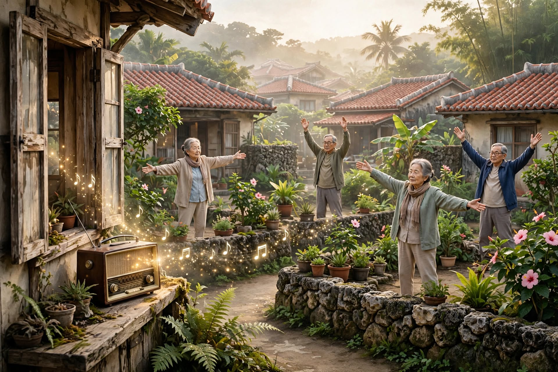Okinawan elders performing radio taiso group exercises together at dawn