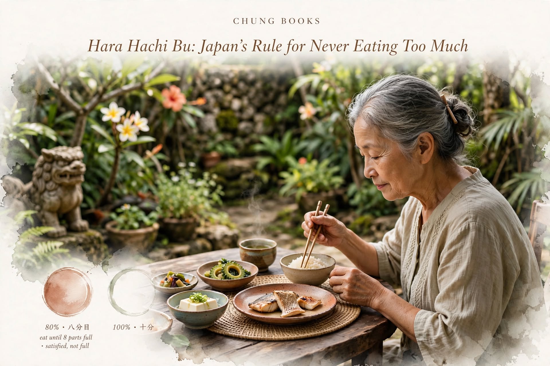 A modest Okinawan meal laid out on a low table, portioned for Hara Hachi Bu