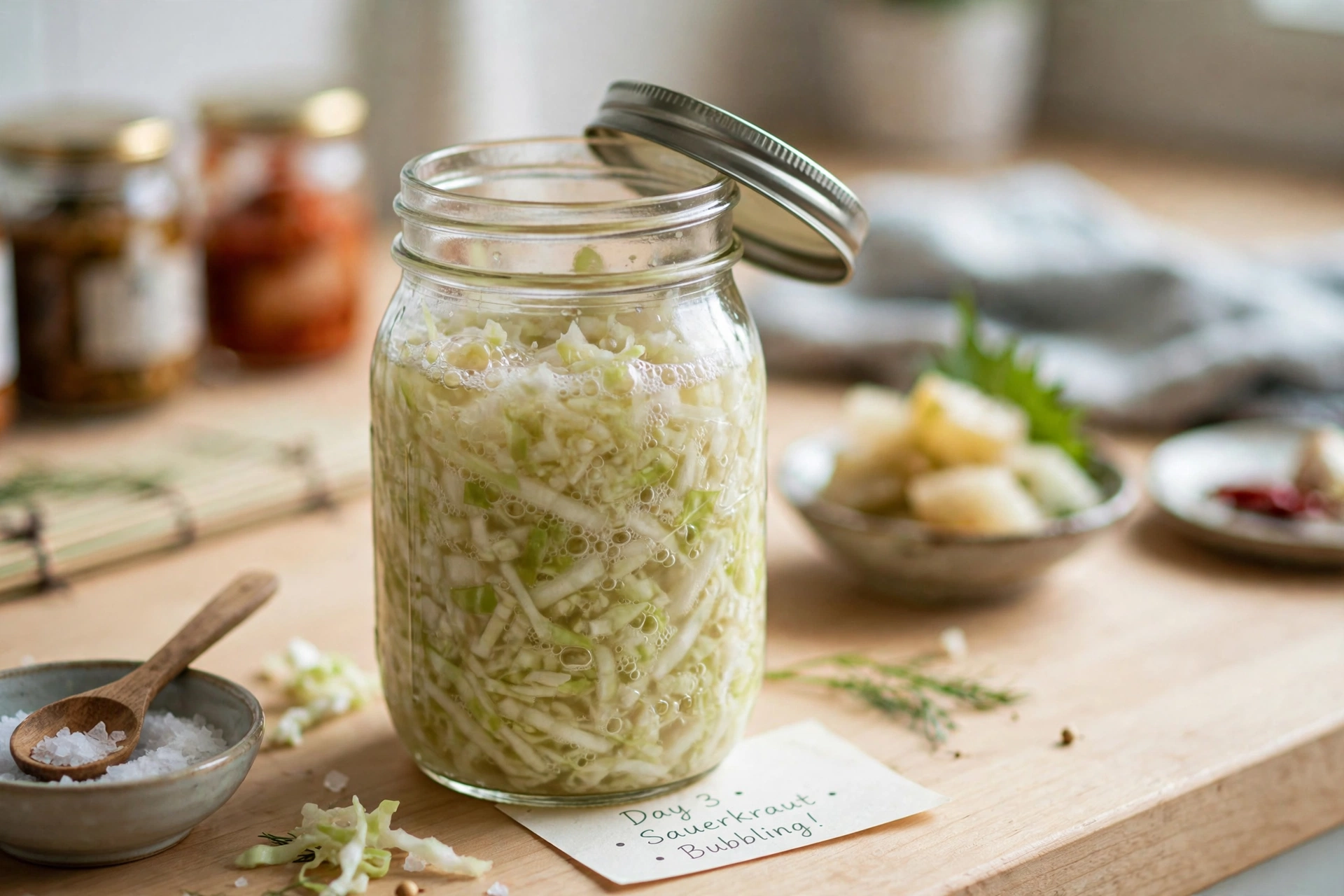 A jar of homemade sauerkraut fermenting on a kitchen counter, bubbling with visible brine, labelled Day 3