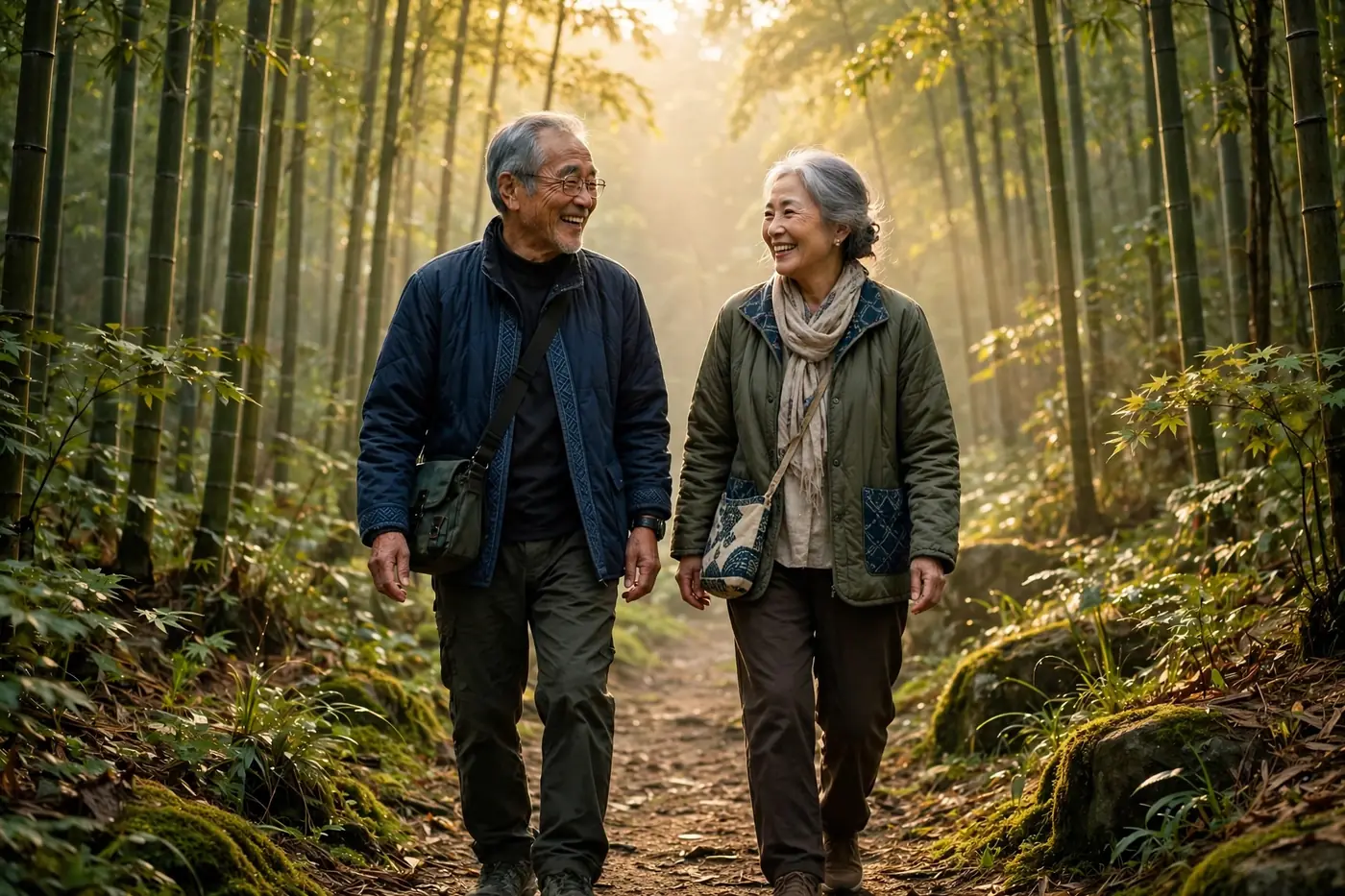 A narrow stone path curving through a tall bamboo grove, bending with the wind