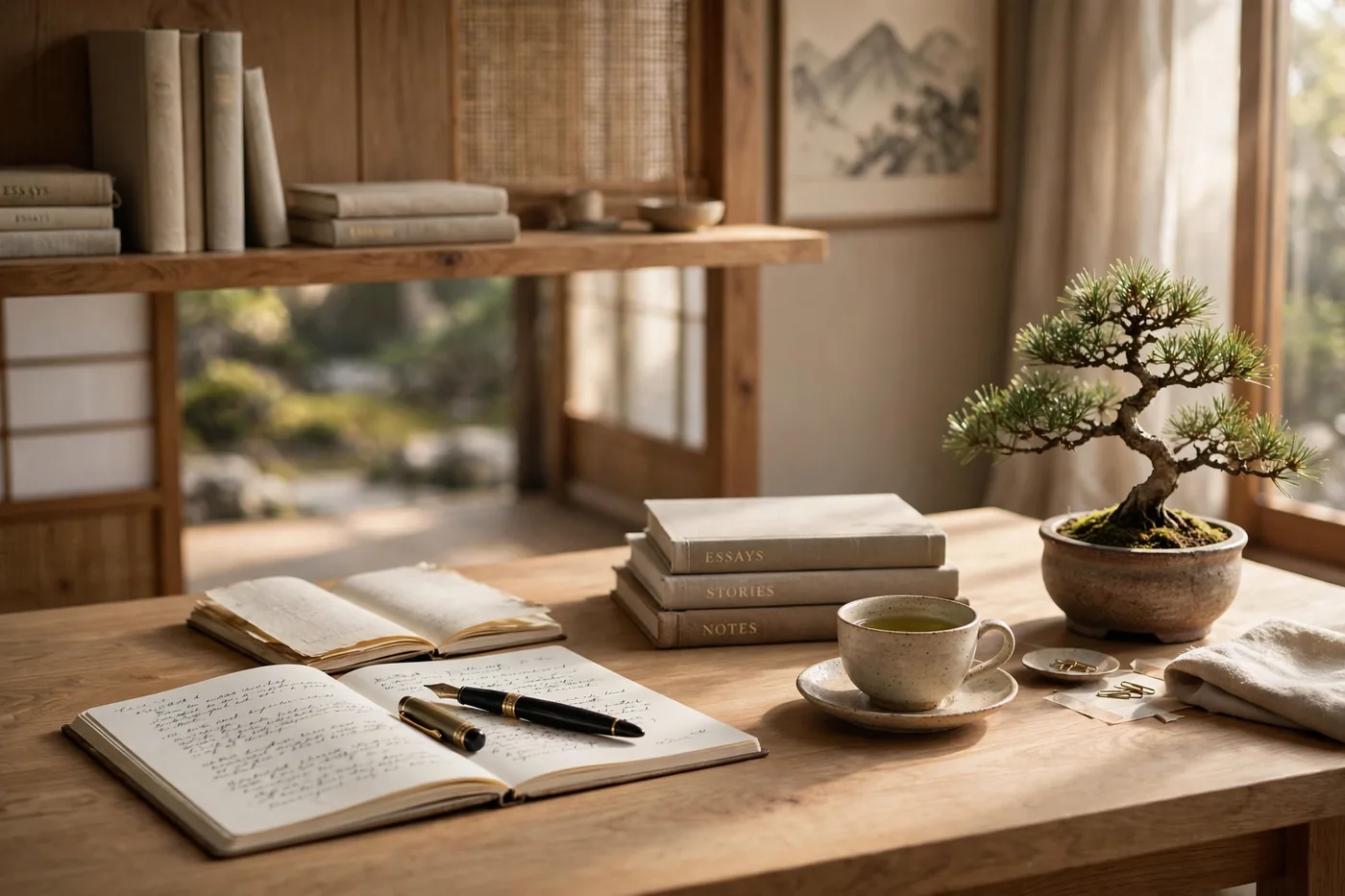A cluttered writing desk with papers, an untouched cup of tea gone cold, and a closed laptop
