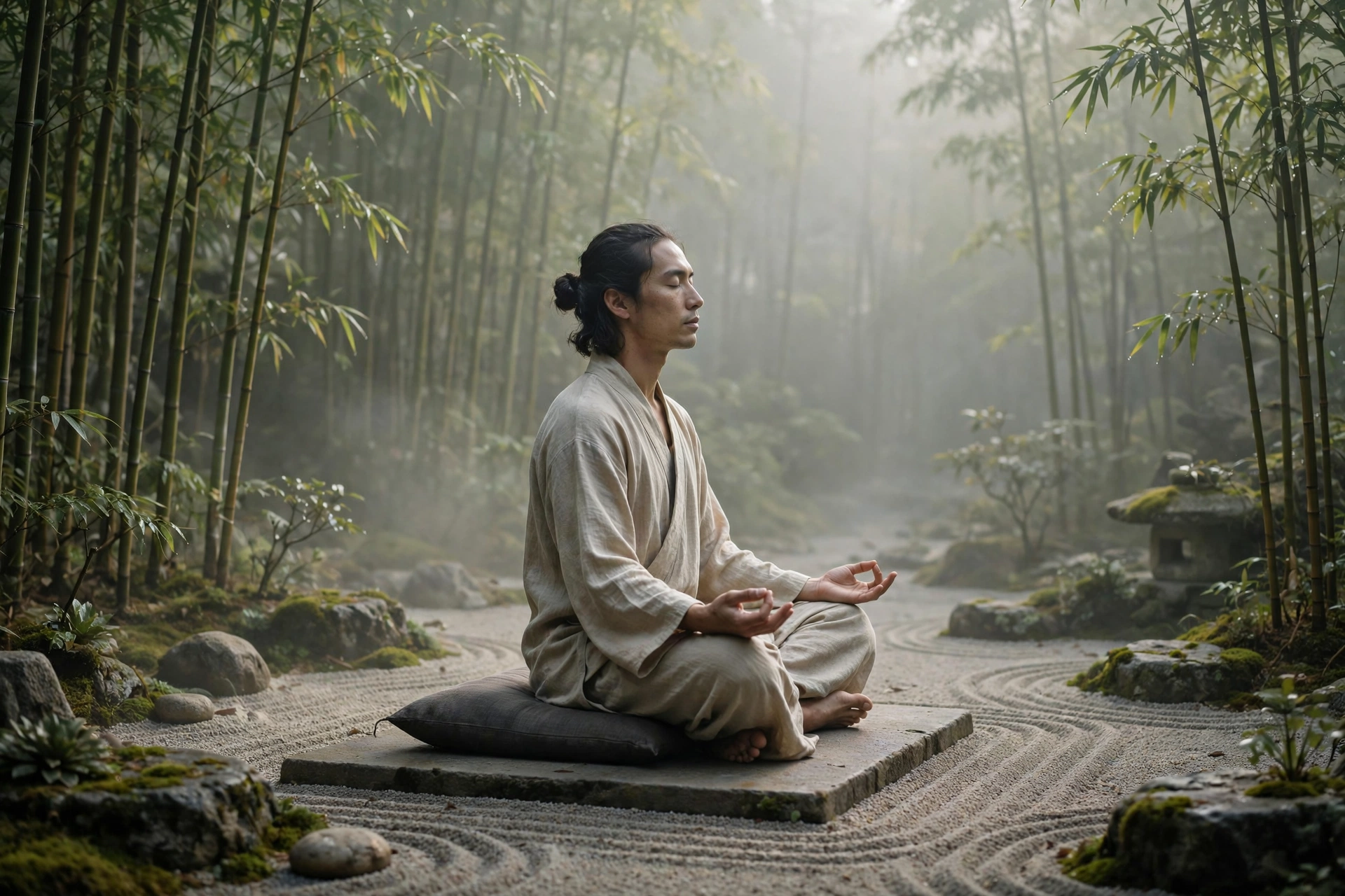 A man seated in meditation on a cushion in a raked gravel Zen garden surrounded by bamboo and mist